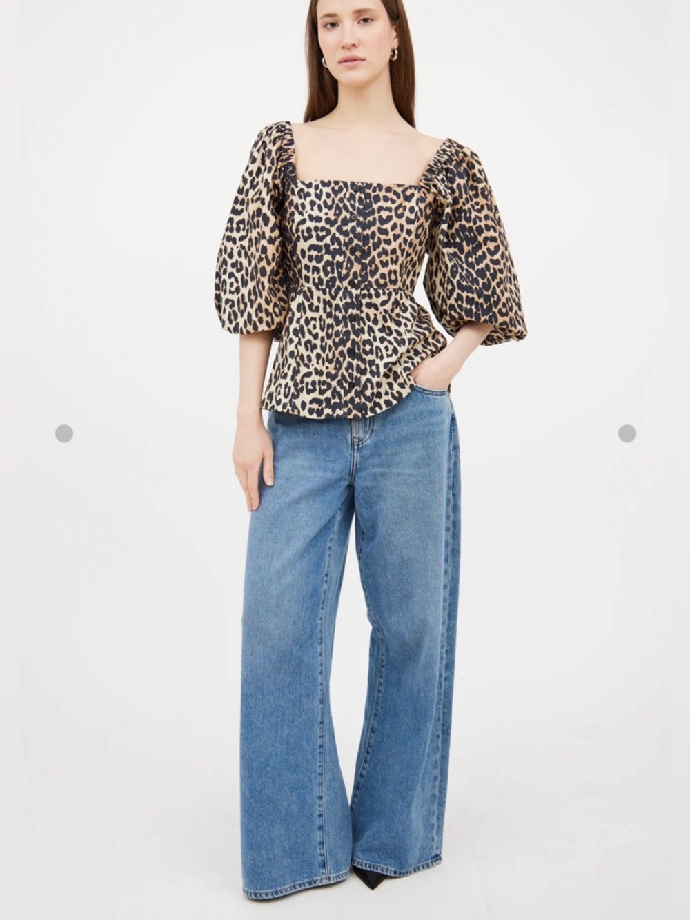 Ganni Leopard Print Cotton Peplum Puff Sleeve Top EU 34 / US 2 NWOT